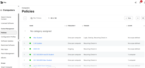 Jamf Pro Computers page showing the Policies list with policy names, frequency, trigger, and scope columns.